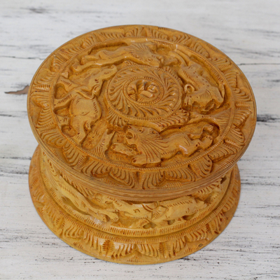 Wood Jewellery box, 'Natural Hunt' - Deer, Lions and Elephant Theme Hand Carved Jewellery Box
