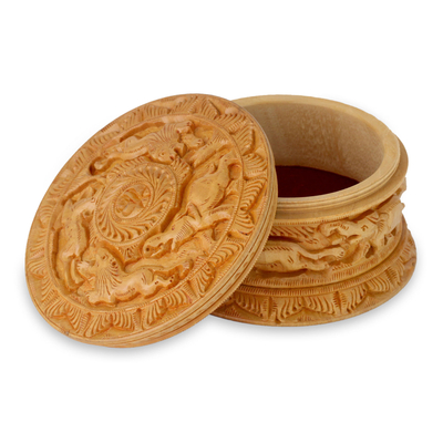 Wood Jewellery box, 'Natural Hunt' - Deer, Lions and Elephant Theme Hand Carved Jewellery Box