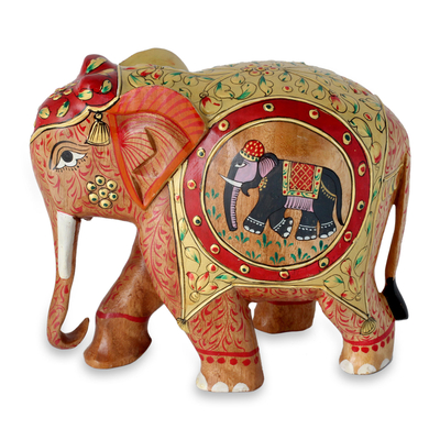 Hand Painted Wood Elephant Figurine Sculpture from India