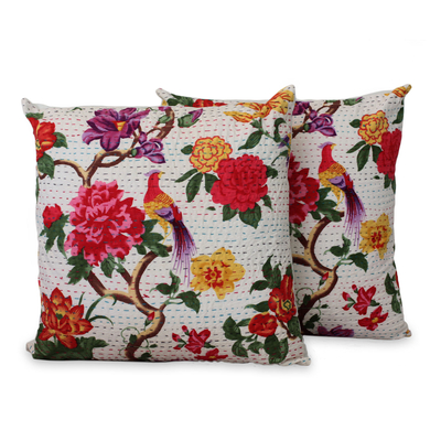 Cotton cushion covers, 'Peacock Kingdom' (pair) - Floral Silkscreen Print on Cotton Cushion Covers (Pair)
