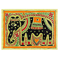 Pintura Madhubani, 'Elefante majestuoso' - Pintura Madhubani Obra firmada en papel hecho a mano