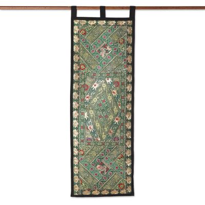 Upcycled cotton wall hanging, 'Emerald Fantasy' - Glittery Green and Gold Applique Wall Hanging from Gujarat