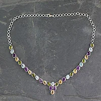 Multigem pendant.necklace, 'Cascading Colors' - Handmade Silver Necklace Four Kinds of Faceted Gems