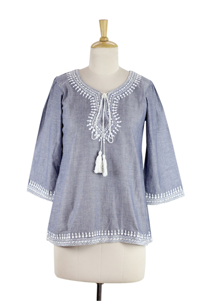 Cotton tunic, 'Dori Delight' - India Blue Cotton Chambray Tunic with Dori Embroidery