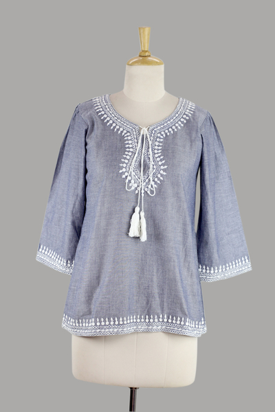 Cotton tunic, 'Dori Delight' - India Blue Cotton Chambray Tunic with Dori Embroidery