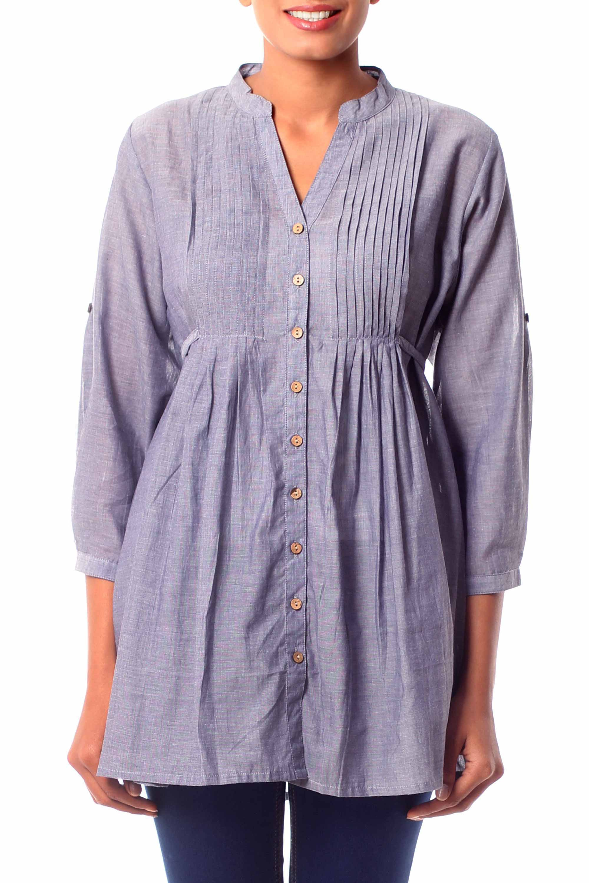 UNICEF Market | India Blue Cotton Chambray Button Front Pleated Top ...