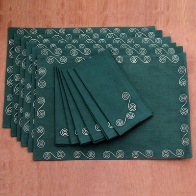 Cotton placemat and napkin set, 'Majestic Green' (set of 6) - Artisan Made Green Cotton Placemats and Napkins (Set of 6)