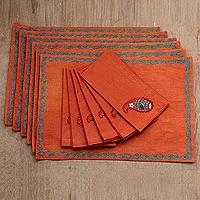 Juego de manteles individuales y servilletas de algodón, 'Sunset Paisley' (juego de 6) - Servilletas y manteles individuales de algodón Paisley (juego de 6) en color naranja