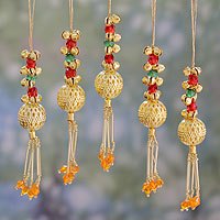 Beaded brass ornaments, 'Jingle Bells' (set of 5) - Set of 5 Handcrafted Beaded Brass Bell Christmas Ornaments