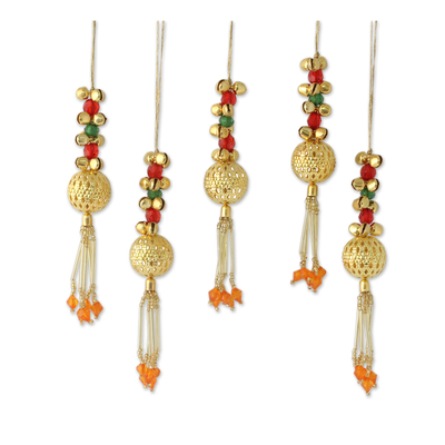 Set of 5 Handcrafted Beaded Brass Bell Christmas Ornaments - Jingle ...