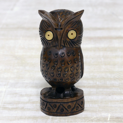 Wood statuette, 'Vigilant Owl' - Antiqued Wood Bird Statuette Carved by Hand in India