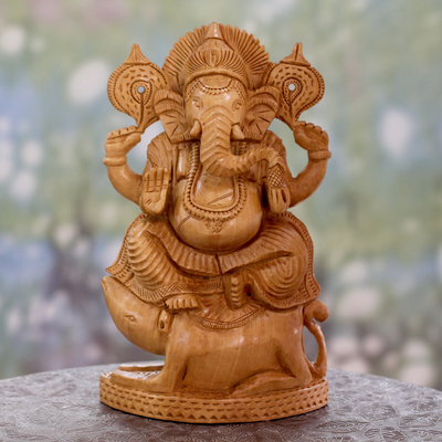 Wood statuette, 'Ganesha Lord of Knowledge' - Hinduism Lord on Mouse Hand Carved Wood Statuette