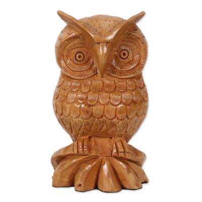 Wood statuette, 'Fabled Owl' - Bird Statuette Hand Carved Wood Sculpture from India