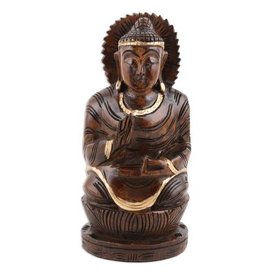 Wood statuette, 'Inspirational Buddha' - Hand Carved Wood Statuette from India Buddhism Art