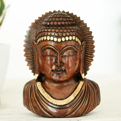 Wood sculpture, 'Peaceful Indian Buddha' - Vividly Hand Carved Wood Buddhist Antiqued Sculpture