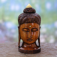 Wood statuette, 'Buddha Inspired' - Artisan Crafted Young Buddha Antiqued Wood Statuette