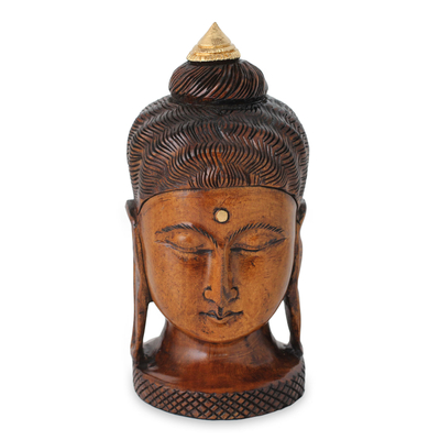 Wood statuette, 'Buddha Inspired' - Artisan Crafted Young Buddha Antiqued Wood Statuette
