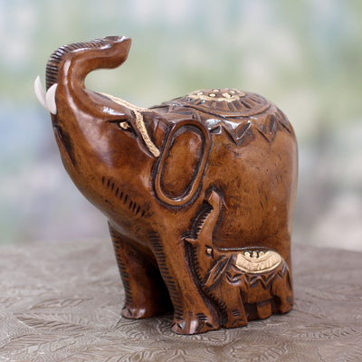 Wood statuette, 'Elephant by Example' - Mother and Calf Elephant Sculpture Carved by Hand