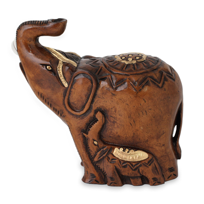 Wood statuette, 'Elephant by Example' - Mother and Calf Elephant Sculpture Carved by Hand
