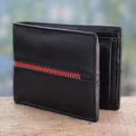 Men's leather wallet, 'Suave in Red' - Black Leather Wallet for Men with Multiple Pockets