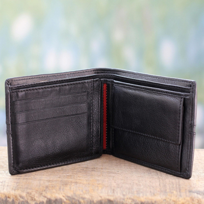 Men's leather wallet, 'Suave in Red' - Black Leather Wallet for Men with Multiple Pockets
