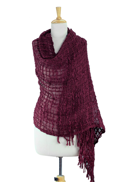 Textured shawl, 'Gossamer Wine' - Fair Trade Loosely Woven Burgundy Lightweight Shawl