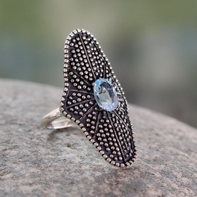Blue topaz cocktail ring, 'Starlight Love Expression' - Handmade Oxidized Silver Cocktail Ring with Blue Topaz