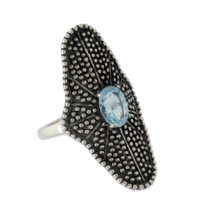 Blue topaz cocktail ring, 'Starlight Love Expression' - Handmade Oxidized Silver Cocktail Ring with Blue Topaz