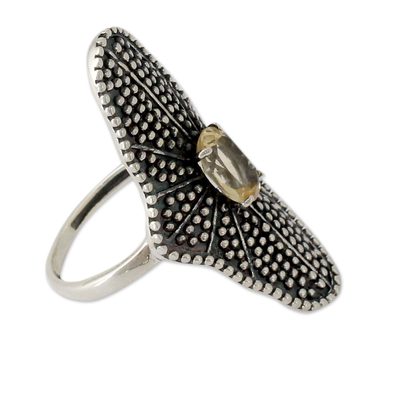 Citrine cocktail ring, 'Starlight Love Expression' - Handcrafted Oxidized Silver Cocktail Ring with Citrine