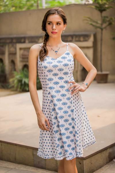 Cotton sundress, 'Blue Lotus' - Screen Print Cotton Sundress with Adjustable Straps