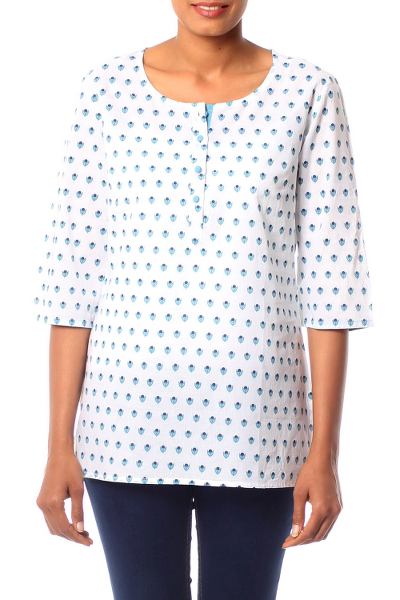 Cotton tunic, 'Blue Blossoms' - Casual White Cotton Tunic with Blue Floral Print