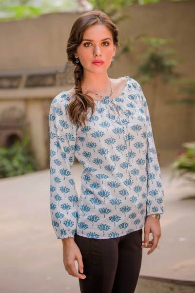 Cotton blouse, 'Blue Lotus' - Screen Print Cotton Blouse with Elasticized Neck and Cuffs
