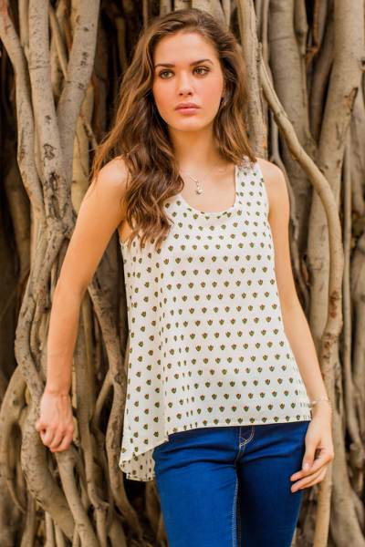 Cotton blouse, 'Geraniums' - Sleeveless Floral Print Cotton Blouse with High-Low Hem