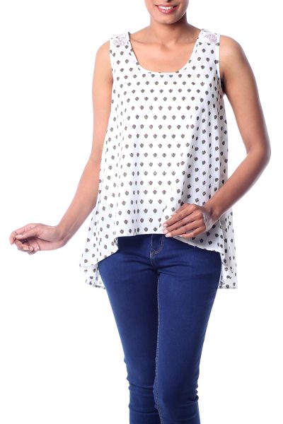 Cotton blouse, 'Geraniums' - Sleeveless Floral Print Cotton Blouse with High-Low Hem