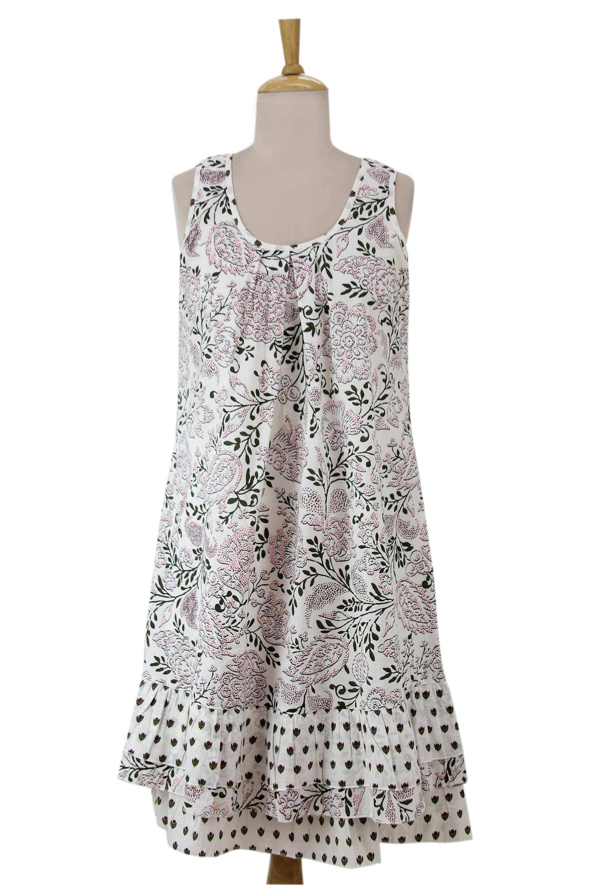 Screen Print Cotton Tent Dress with Ruffled Hem - Earth Collection | NOVICA