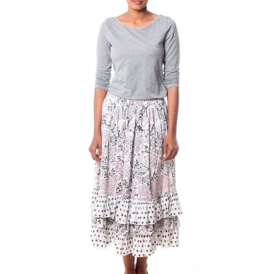 Cotton skirt, 'Earth Collection' - White Floral Screen Print Skirt with Ruffled Hem