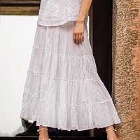 Unlined Semi-Sheer Tiered White Cotton Skirt,'Frilly White'