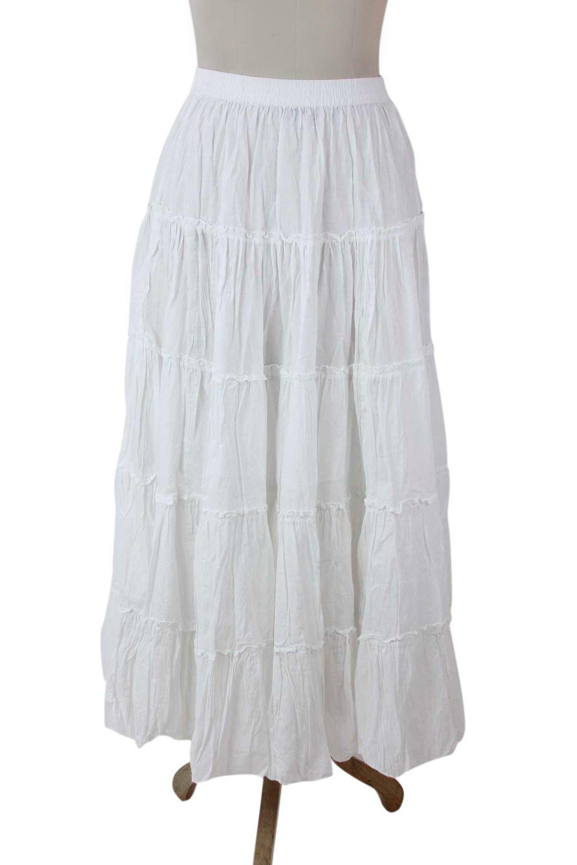 Unlined Semi-Sheer Tiered White Cotton Skirt - Frilly White | NOVICA