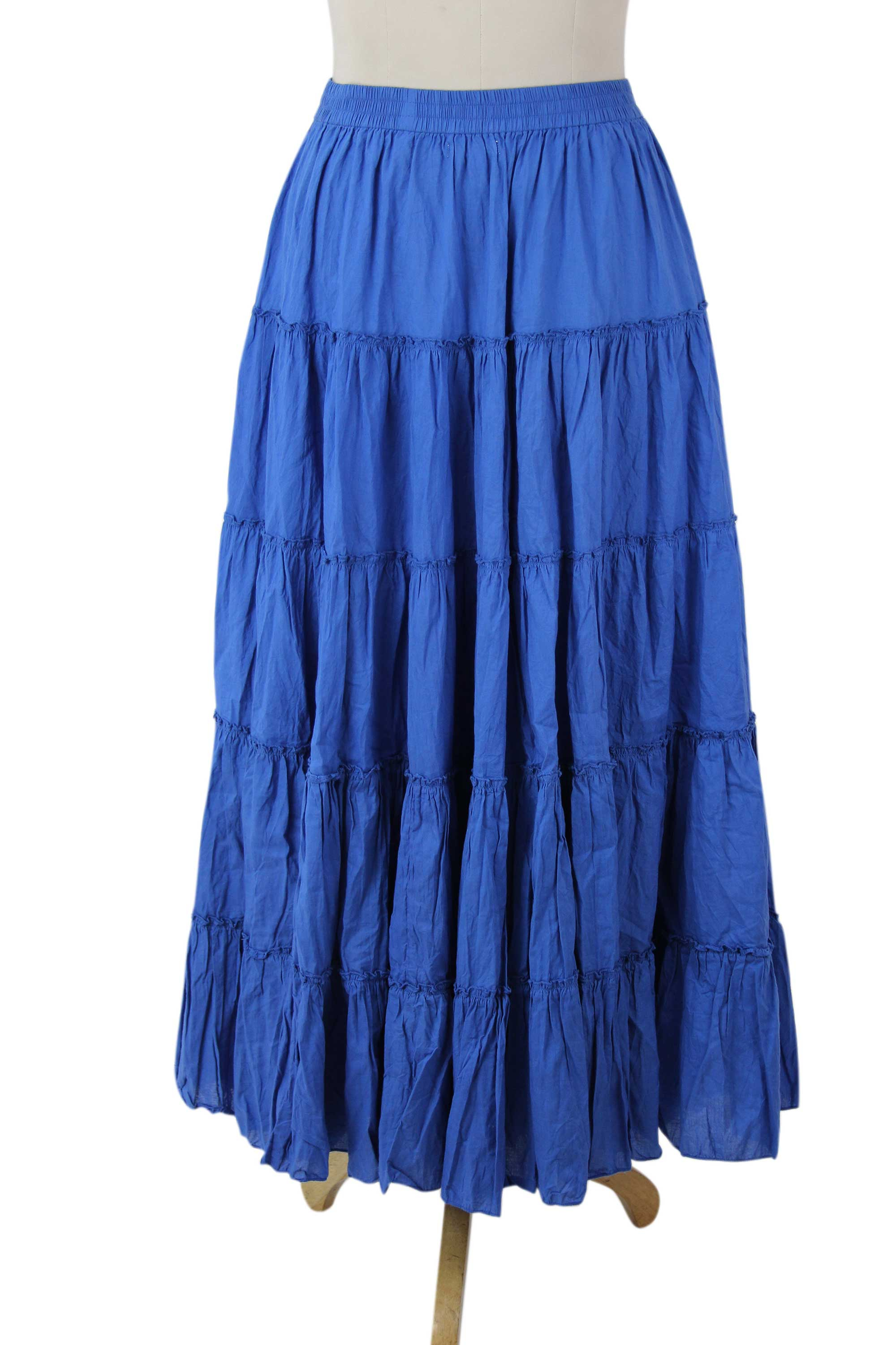 Long Royal Blue Cotton Ruffled Skirt from India - Blue Frills | NOVICA