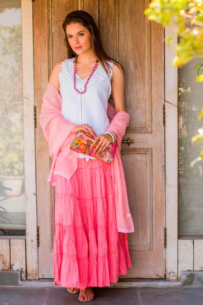 Cotton skirt, 'Strawberry Frills' - Rosy Pink Cotton Long Ruffled Skirt from India