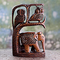Wood sculpture, 'Forest Creatures' - Hand Carved Sculpture of Two Owls with an Elephant