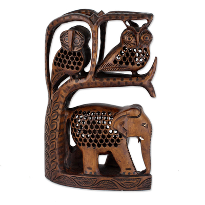 Wood sculpture, 'Forest Creatures' - Hand Carved Sculpture of Two Owls with an Elephant