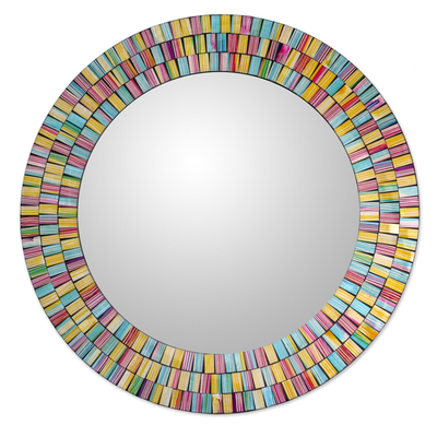 Glass mosaic mirror, 'Rainbow Halo' - Artisan Crafted Glass Mosaic Wall Mirror in Many Colors