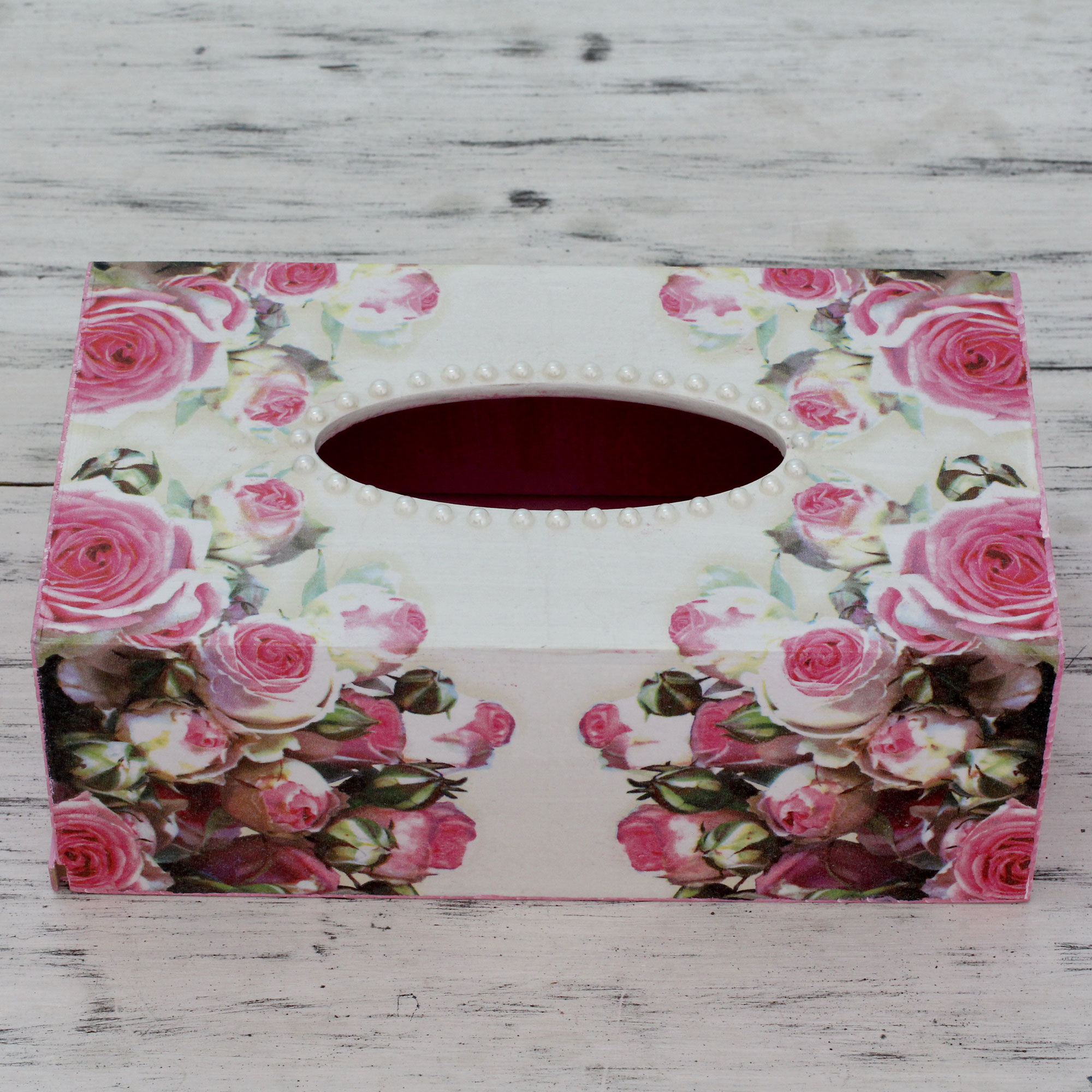 Indian Hand Crafted Floral Rose Decoupage Wood Tissue Box Rose