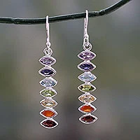 Pendientes colgantes con múltiples piedras preciosas, 'Chakra Balance' - Pendientes colgantes con siete piedras preciosas en plata de ley 925