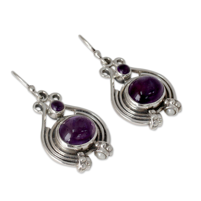 Amethyst and pearl dangle earrings, 'Twilight Glow' - Unique Amethyst, Pearl and Sterling Silver Earrings