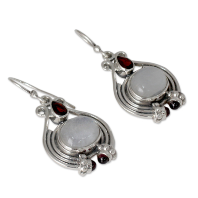 Rainbow moonstone and garnet dangle earrings, 'Mysterious Mist' - Handmade Rainbow Moonstone and Garnet Earrings