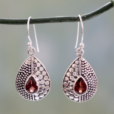 Garnet dangle earrings, 'Scarlet Fusion' - Sterling Silver and Garnet Dangle Earrings from India