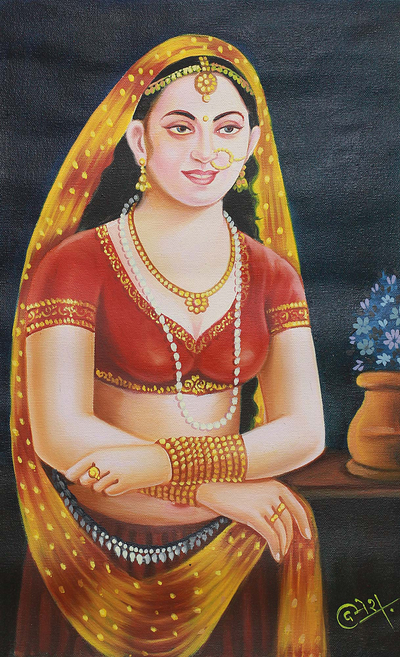 Oil on Canvas Portrait of Indian Woman in Traditional Attire