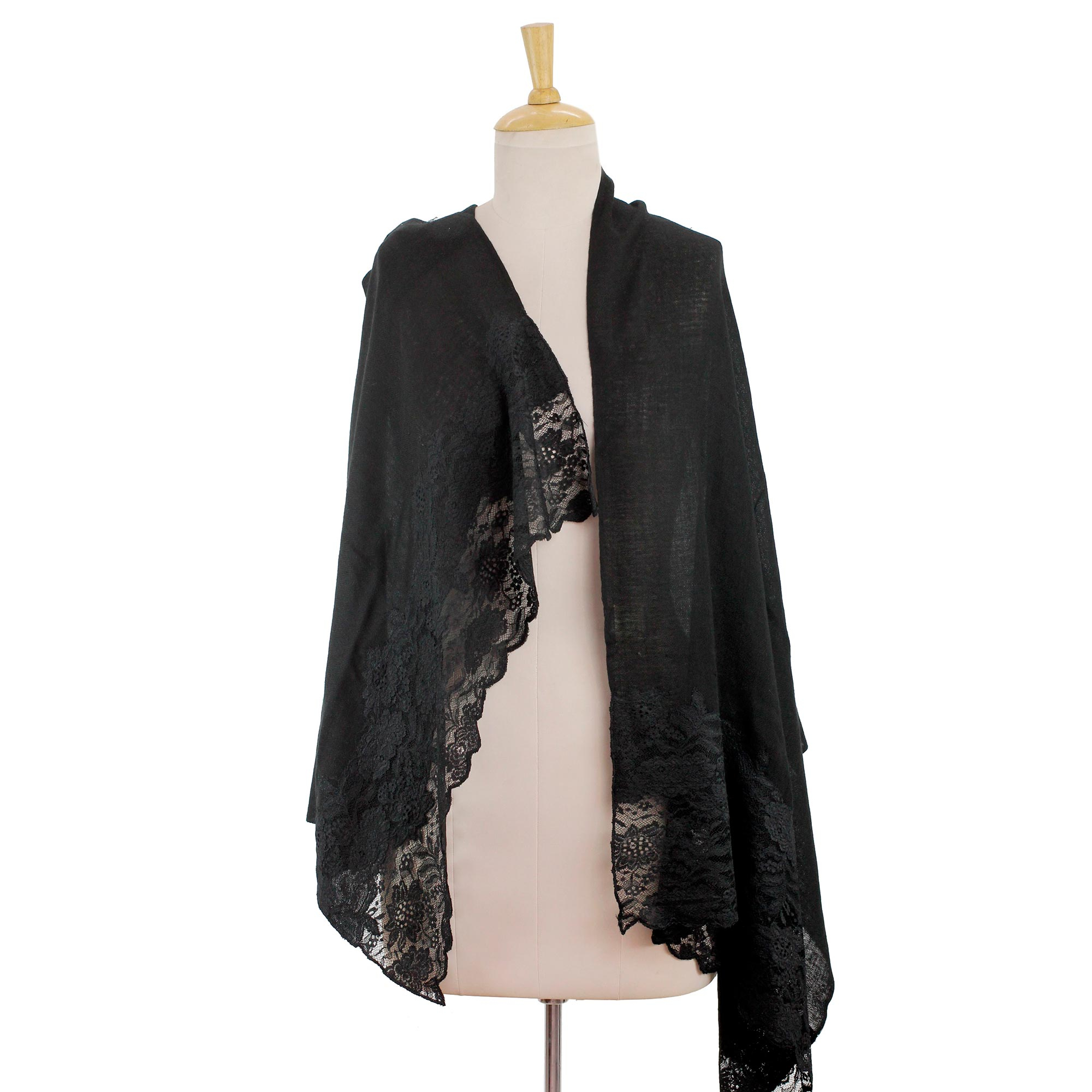 Floral Lace on Black Wool Blend Shawl Wrap from India - Impassioned ...